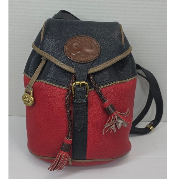Dooney & Bourke Handbags - Dooney & Bourke Vintage Teton AWL Red Navy Leather Backpack Drawstring Bag